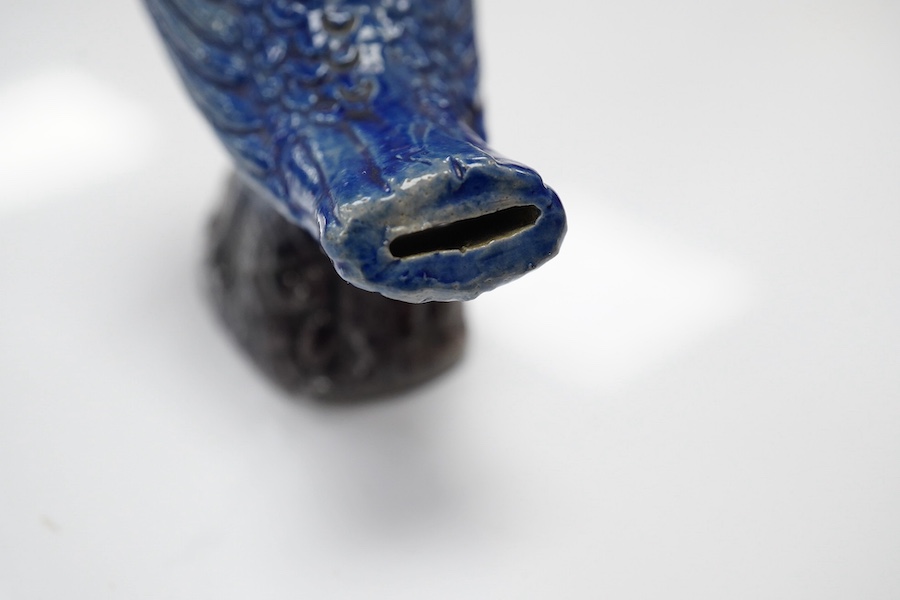 A German Rhenish stoneware songbird whistle, glazed in blue and grey, 9cm high. Condition - good